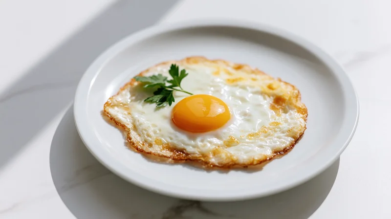 Sunny-side-up fried egg on a white ceramic plate with parsley garnish on a marble surface