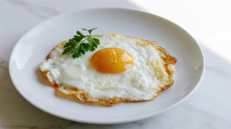 Sunny-side-up fried egg with parsley garnish on white ceramic plate on marble surface