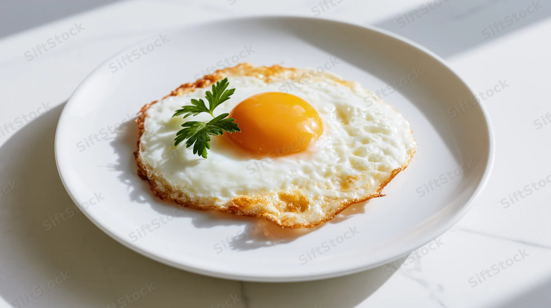 Sunny-side-up fried egg with parsley garnish on white ceramic plate on marble surface