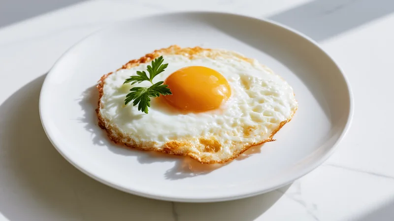 Sunny-side-up fried egg with parsley garnish on white ceramic plate on marble surface