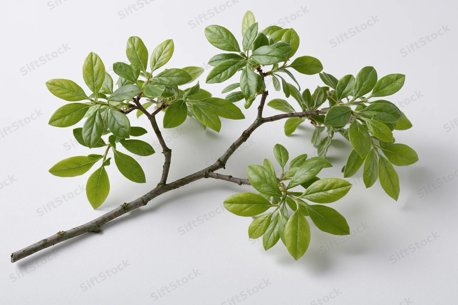A tree branch with clusters of small oval green leaves on a white background