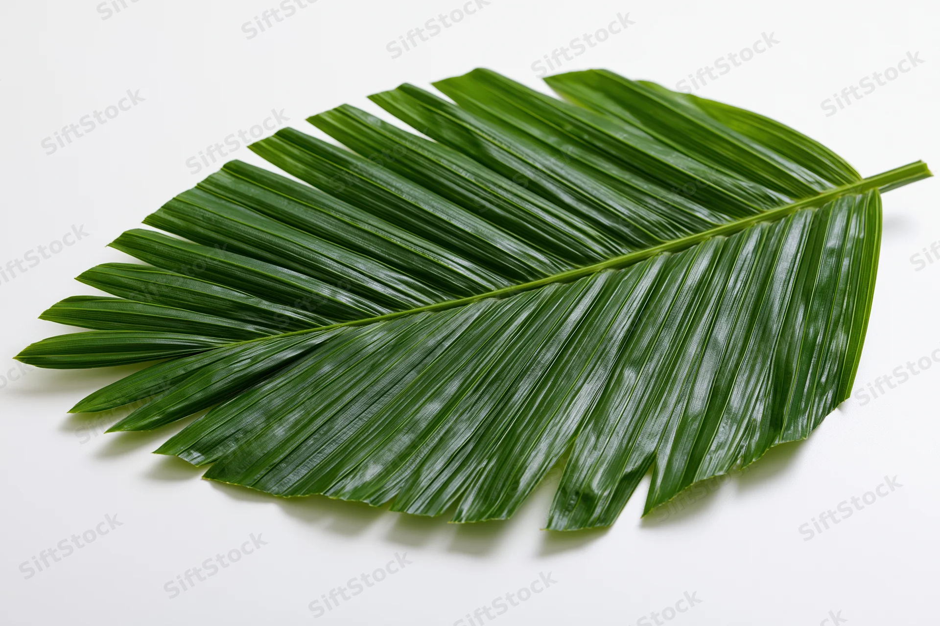 Single tropical palm frond laid flat on white background