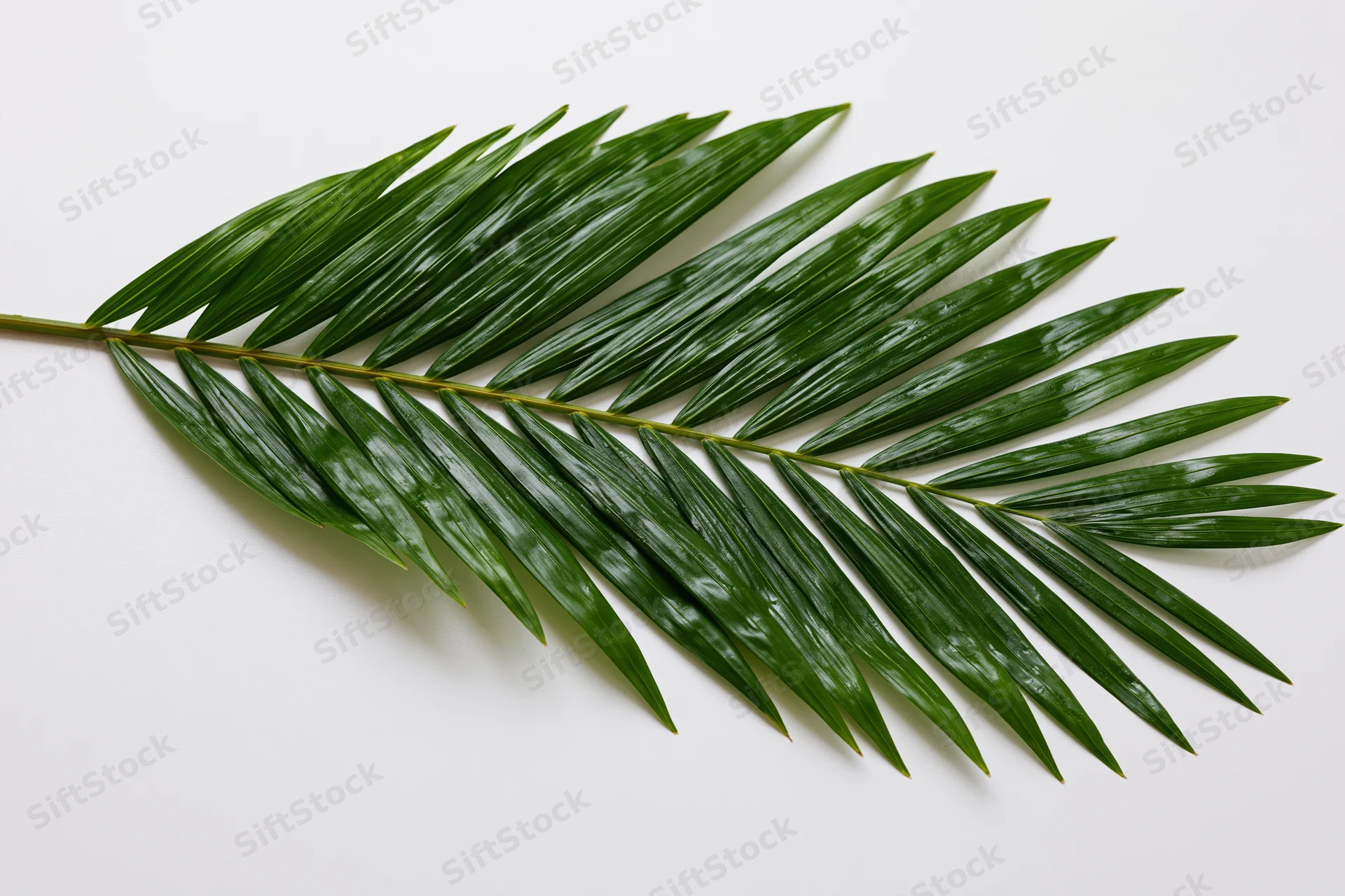 Single tropical palm frond laid flat on white background