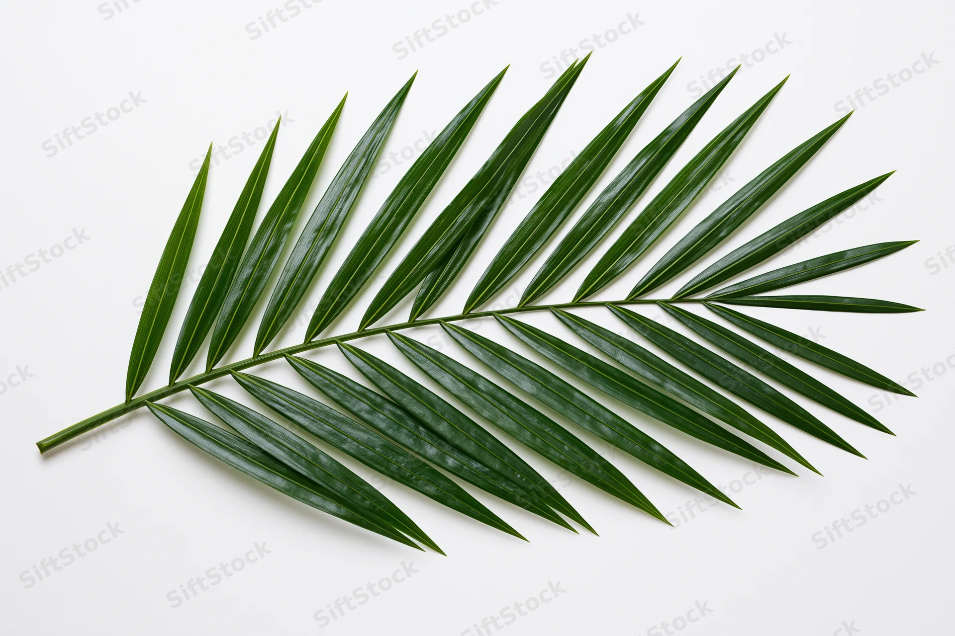 Single tropical palm frond lying flat on white background