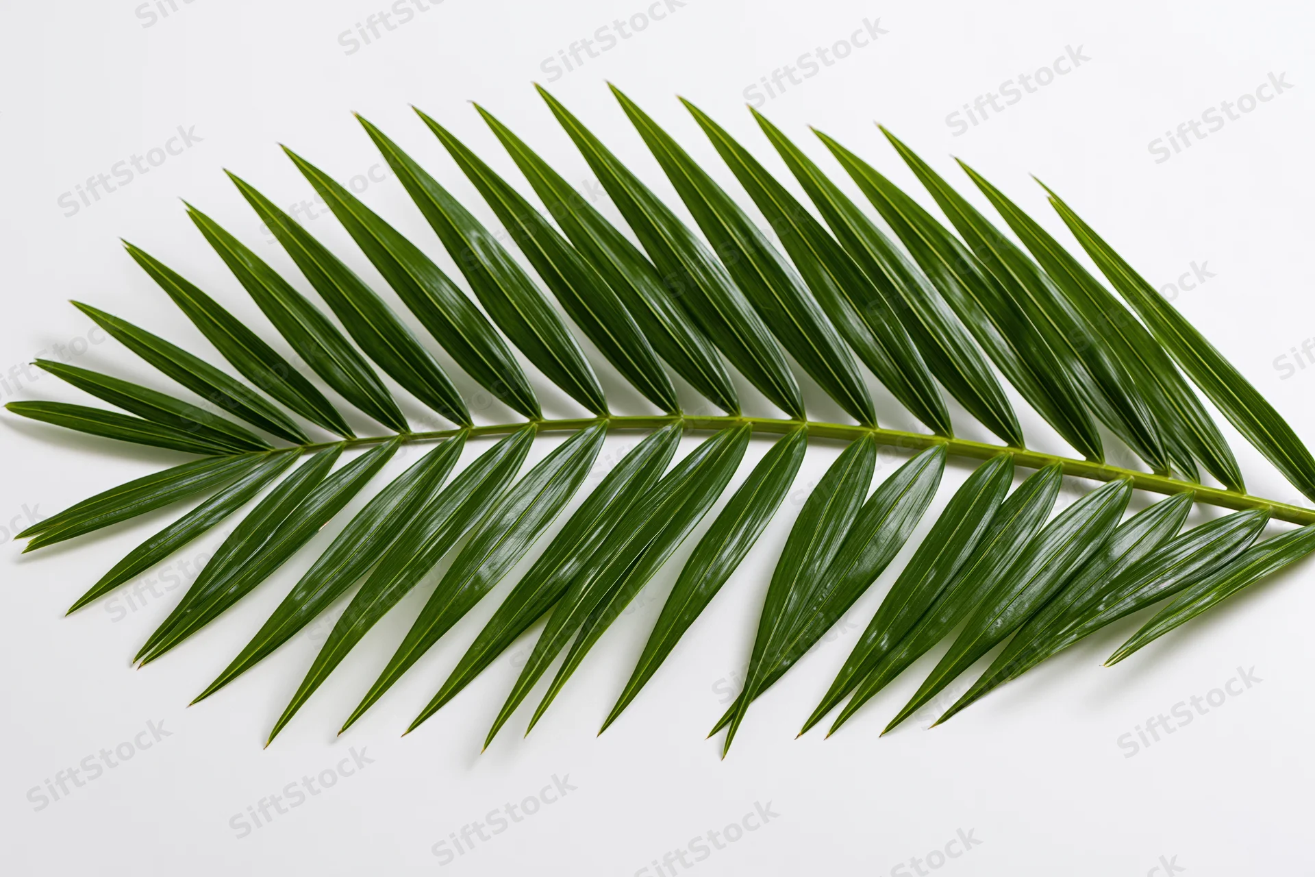 Single tropical palm frond lying flat on white surface