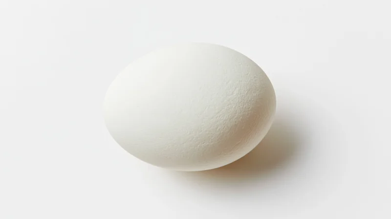 Single white chicken egg centered on pure white background