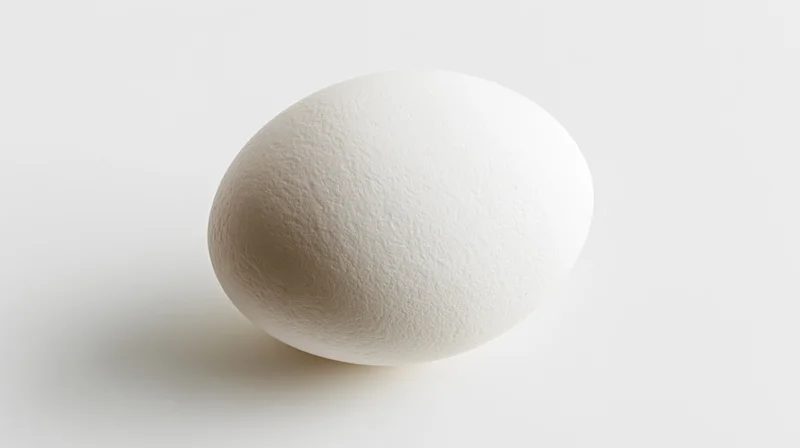 Single white chicken egg centered on pure white background