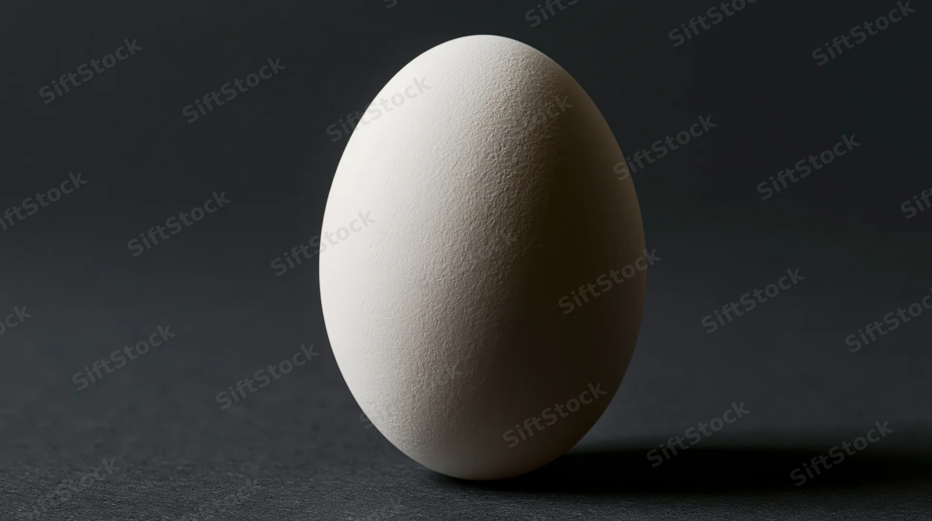 Single white chicken egg standing upright on dark surface in studio lighting