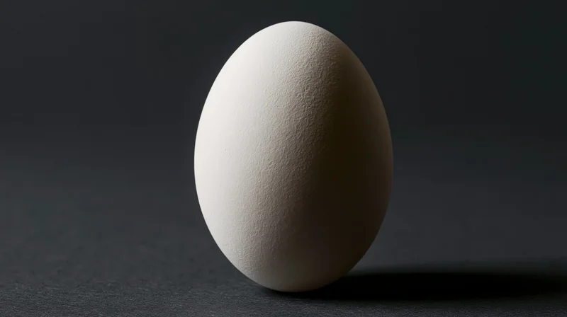 Single white chicken egg standing upright on dark surface in studio lighting