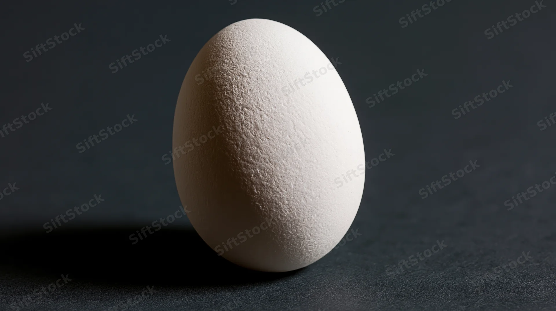 Single white chicken egg resting upright on dark surface in studio lighting