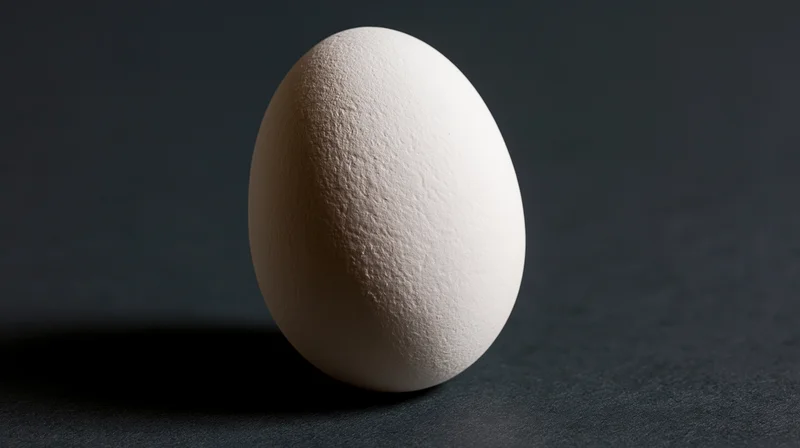 Single white chicken egg resting upright on dark surface in studio lighting
