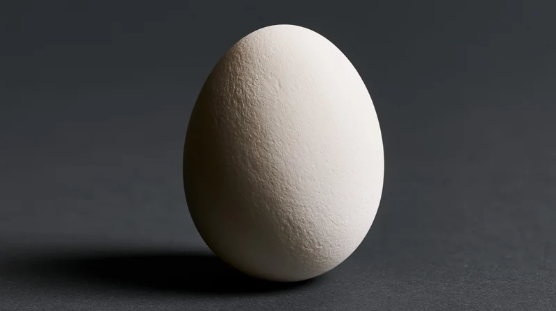 Single white chicken egg standing upright on dark surface
