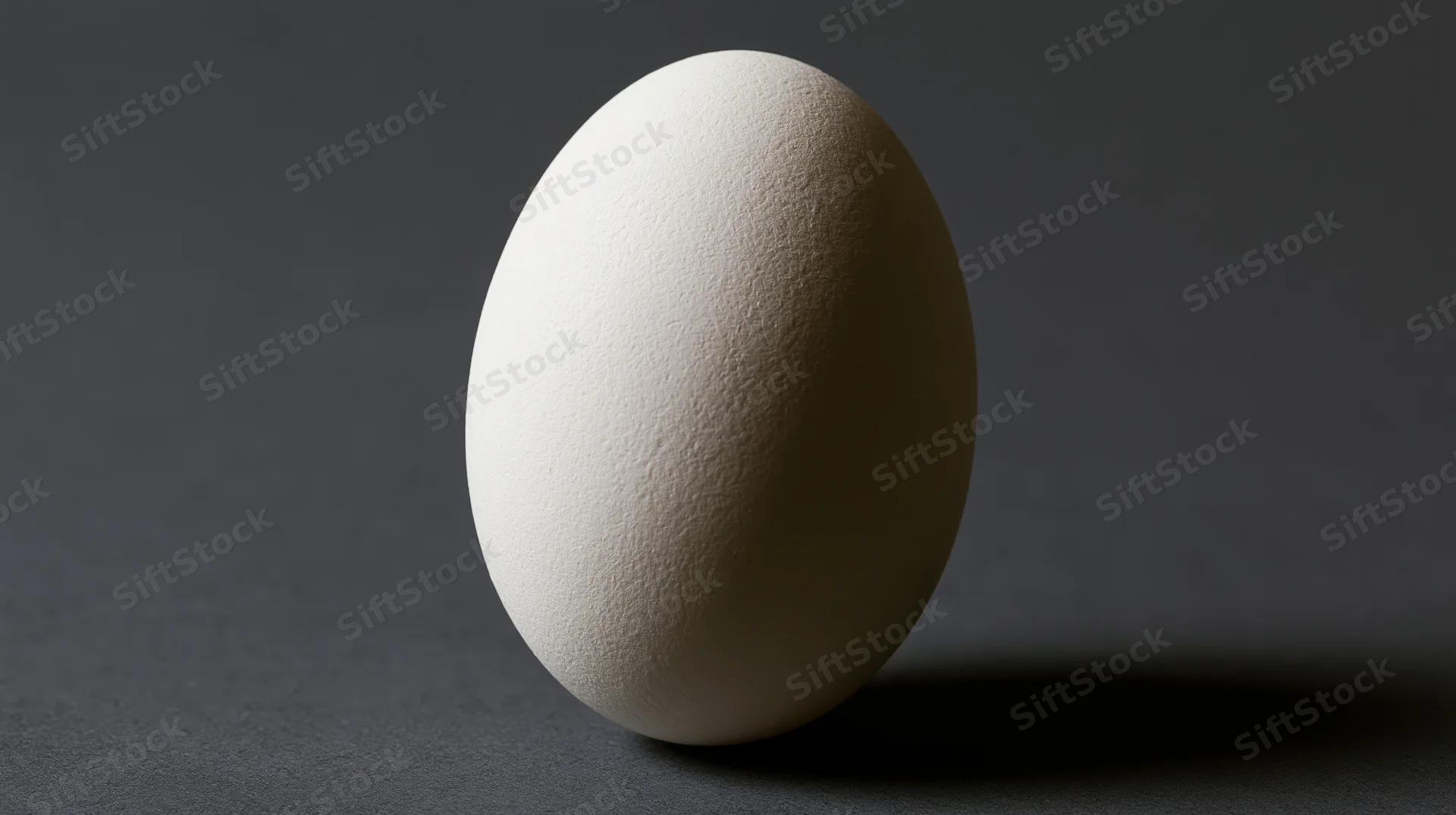 White chicken egg standing upright on dark surface in studio lighting