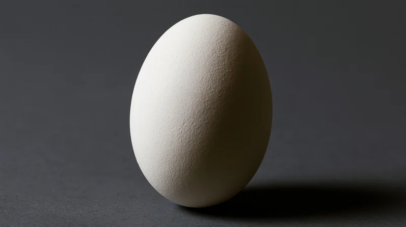 White chicken egg standing upright on dark surface in studio lighting