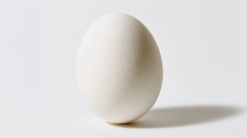 Single white chicken egg standing upright centered against a plain white background