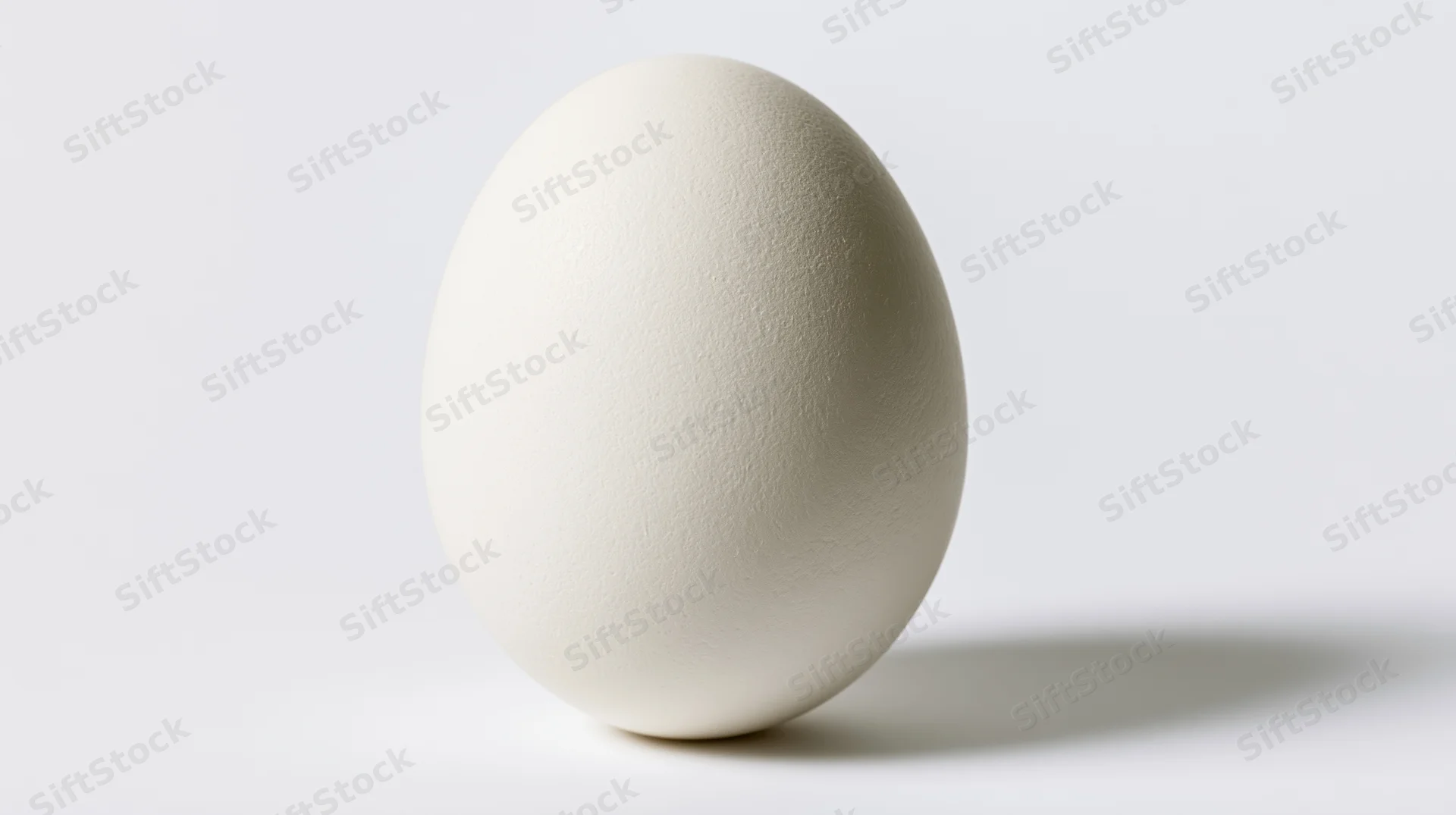 Single white chicken egg standing upright centered against plain white background