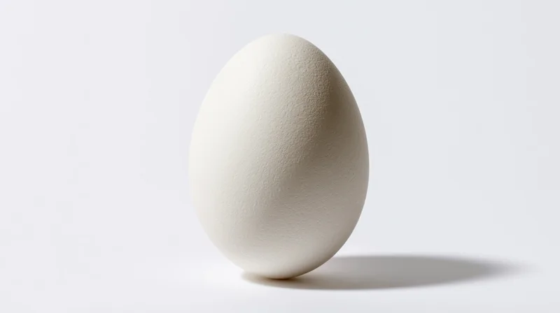 Single white chicken egg standing upright centered against plain white background