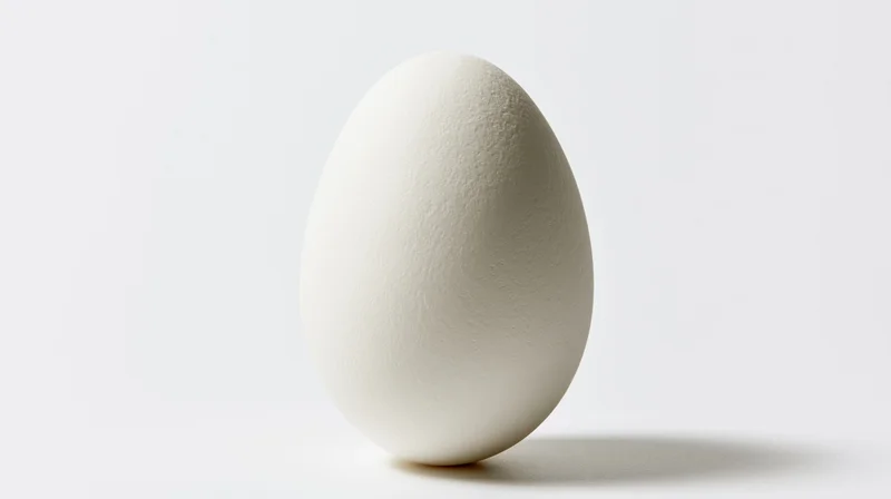 Single white chicken egg standing upright centered against plain white background