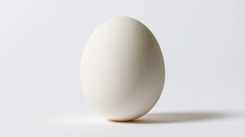 Single white chicken egg standing upright centered against a plain white background