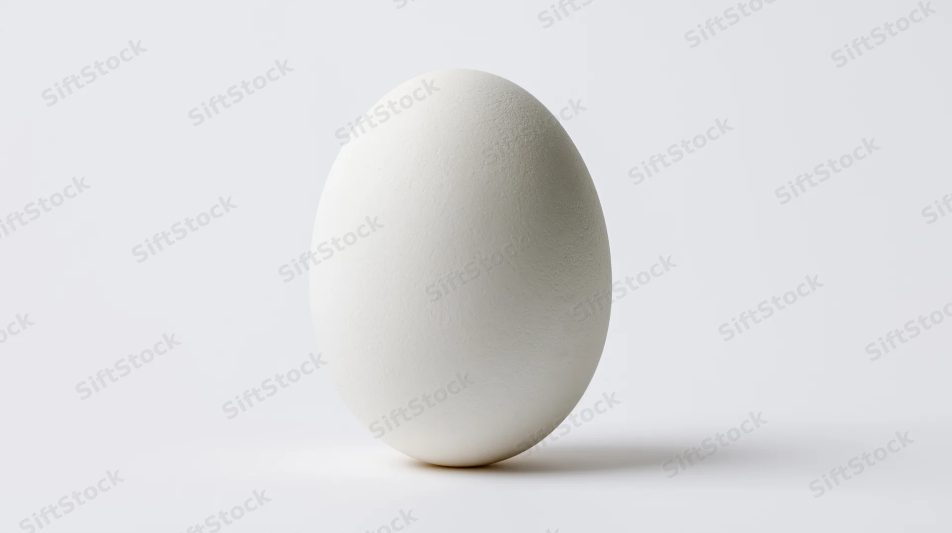Single white chicken egg standing upright centered against a plain white background
