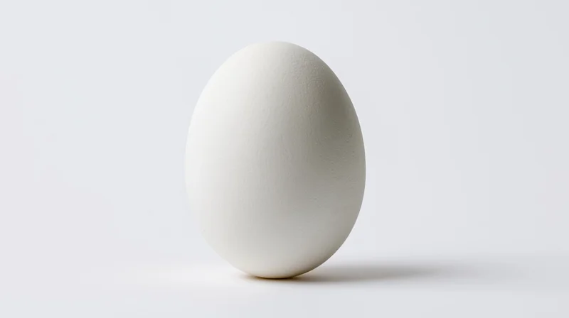 Single white chicken egg standing upright centered against a plain white background