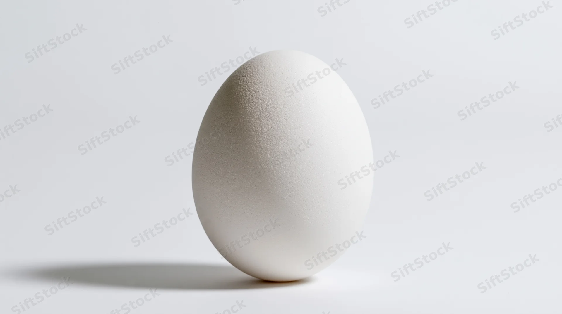 Single white chicken egg standing upright on a plain white surface