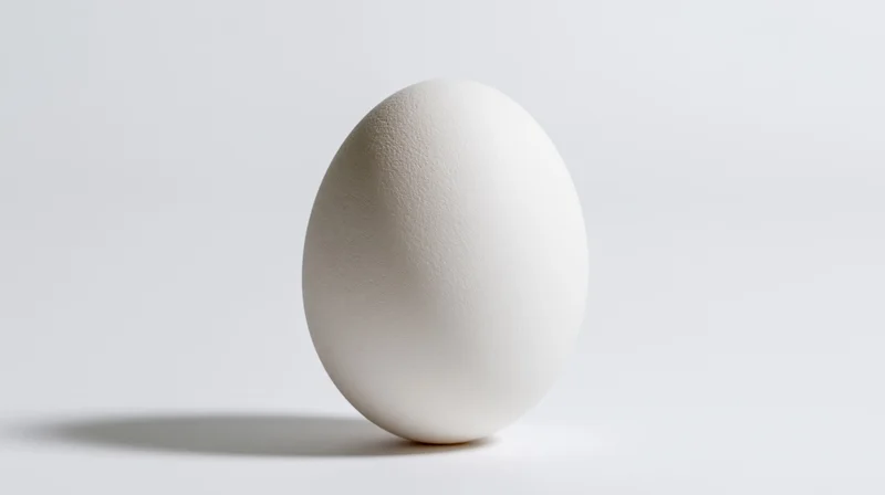 Single white chicken egg standing upright on a plain white surface
