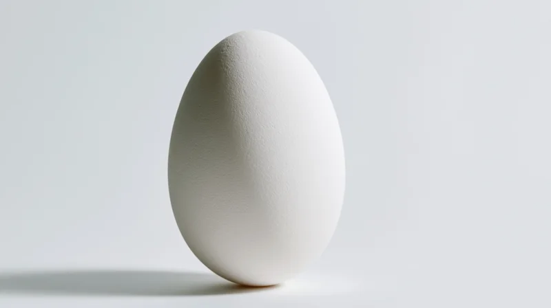 Single white chicken egg standing upright on a plain white surface