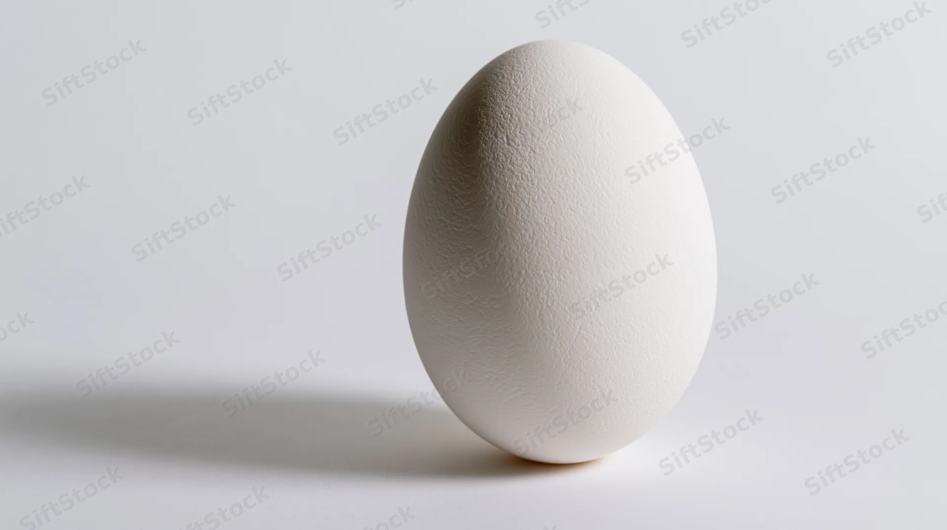 Single white chicken egg standing upright on a flat white surface