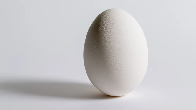 Single white chicken egg standing upright on a flat white surface