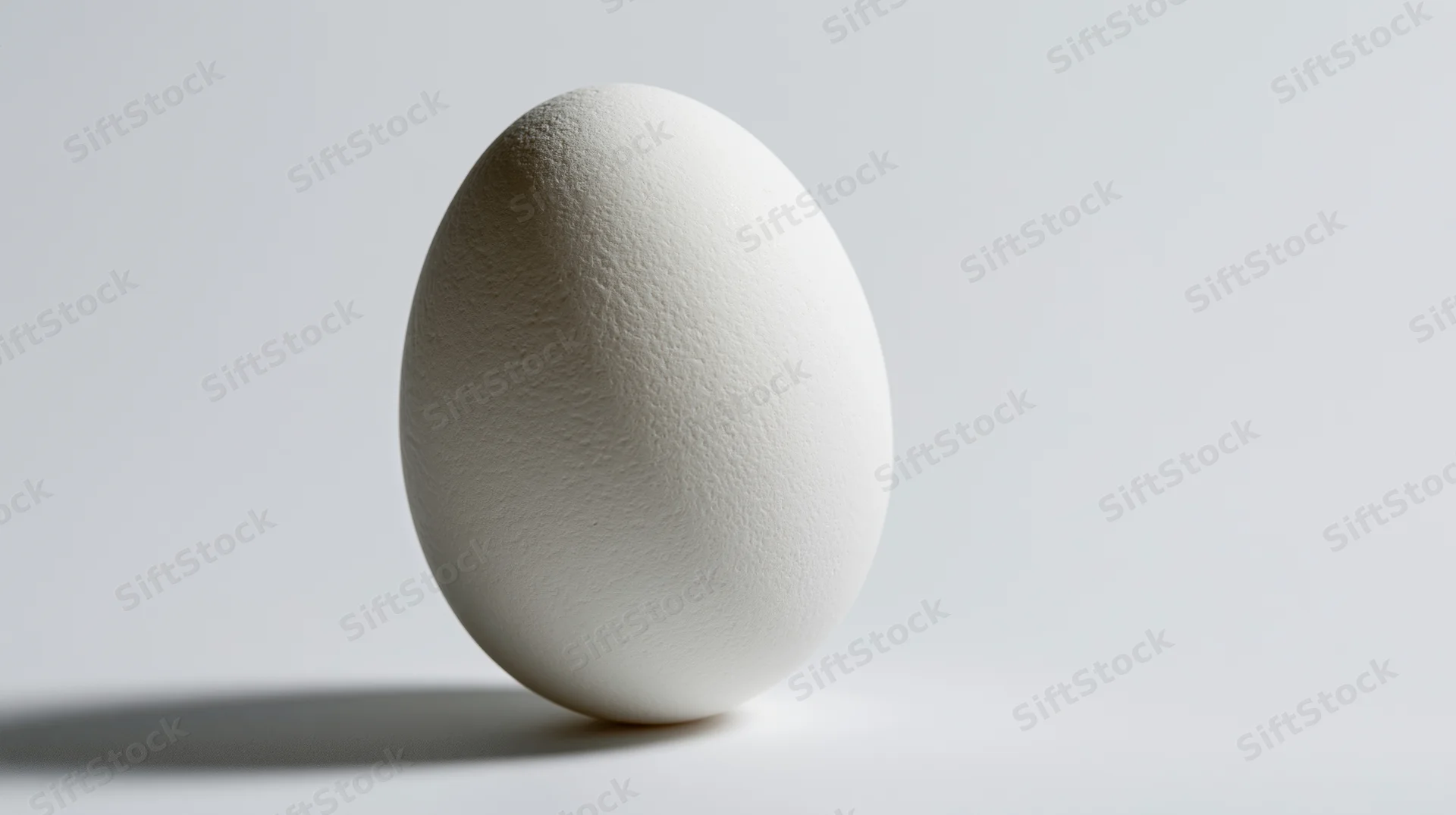 Single white chicken egg standing upright on a plain white surface