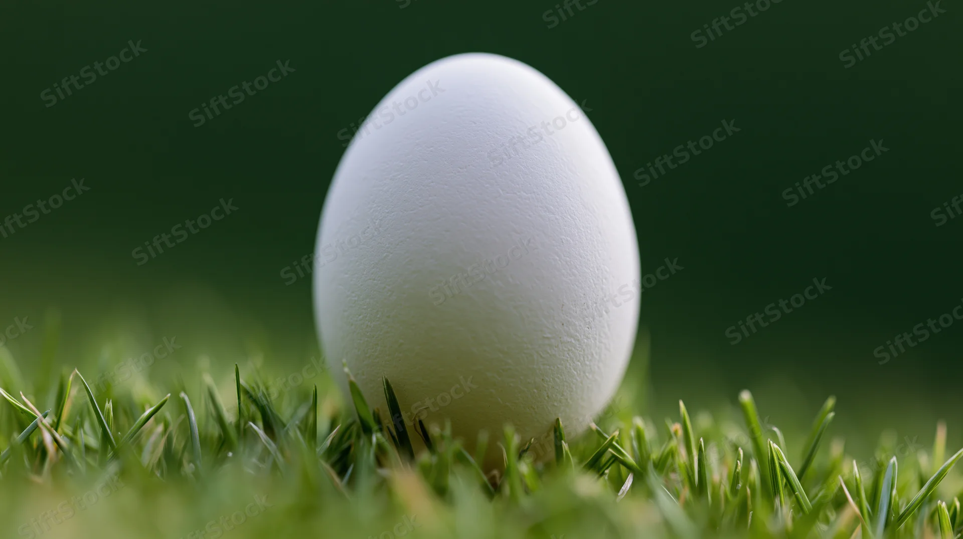 White egg resting upright in short green grass outdoors