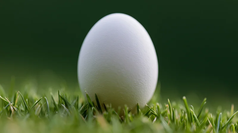 White egg resting upright in short green grass outdoors