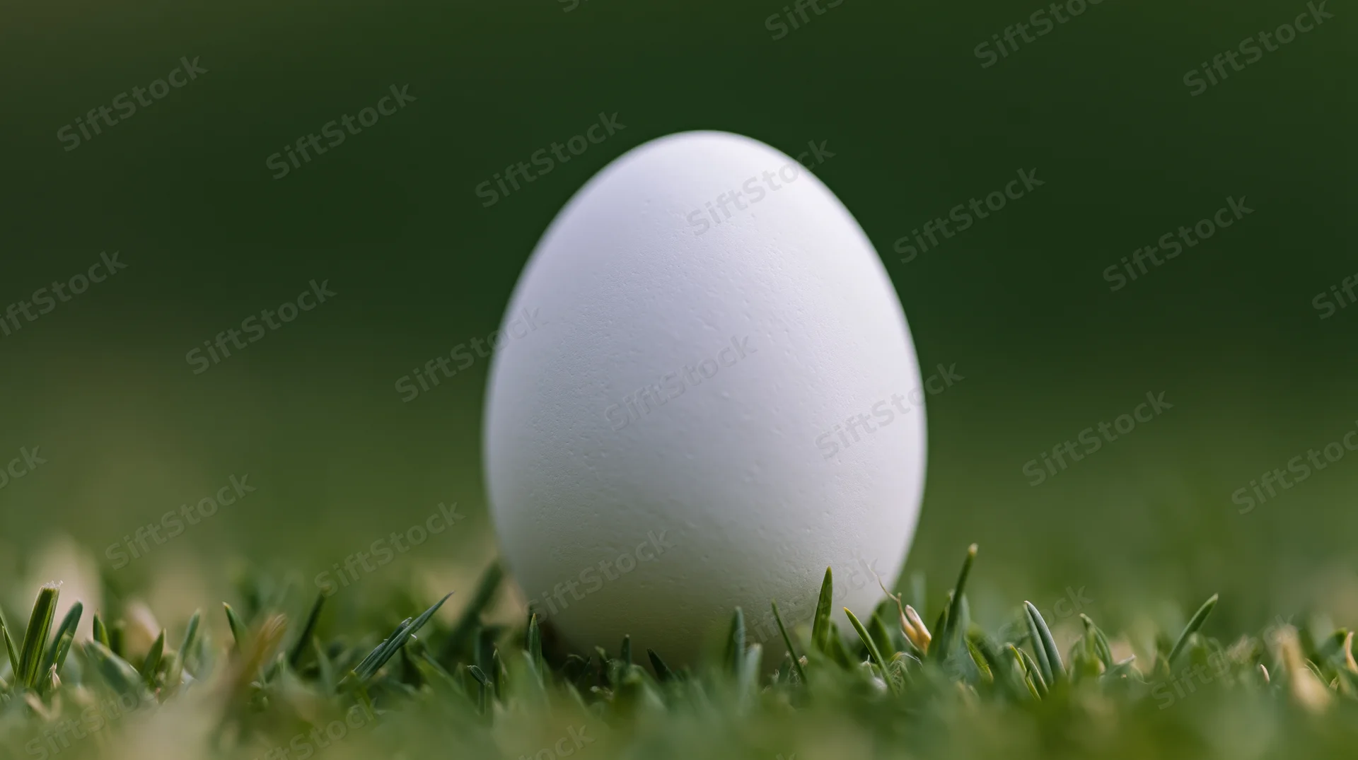 Single white egg resting upright in short green grass center