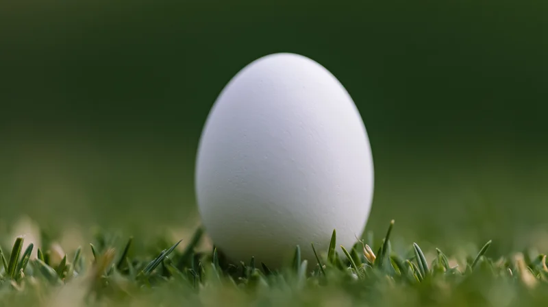 White egg resting upright in short green grass outdoors