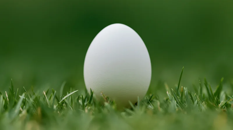 White egg resting upright in short green grass outdoors