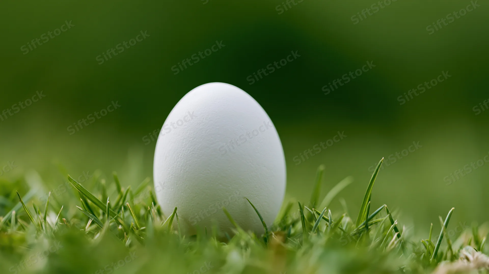 Single white egg resting upright in short green grass center