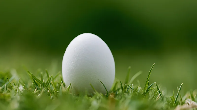 Single white egg resting upright in short green grass center