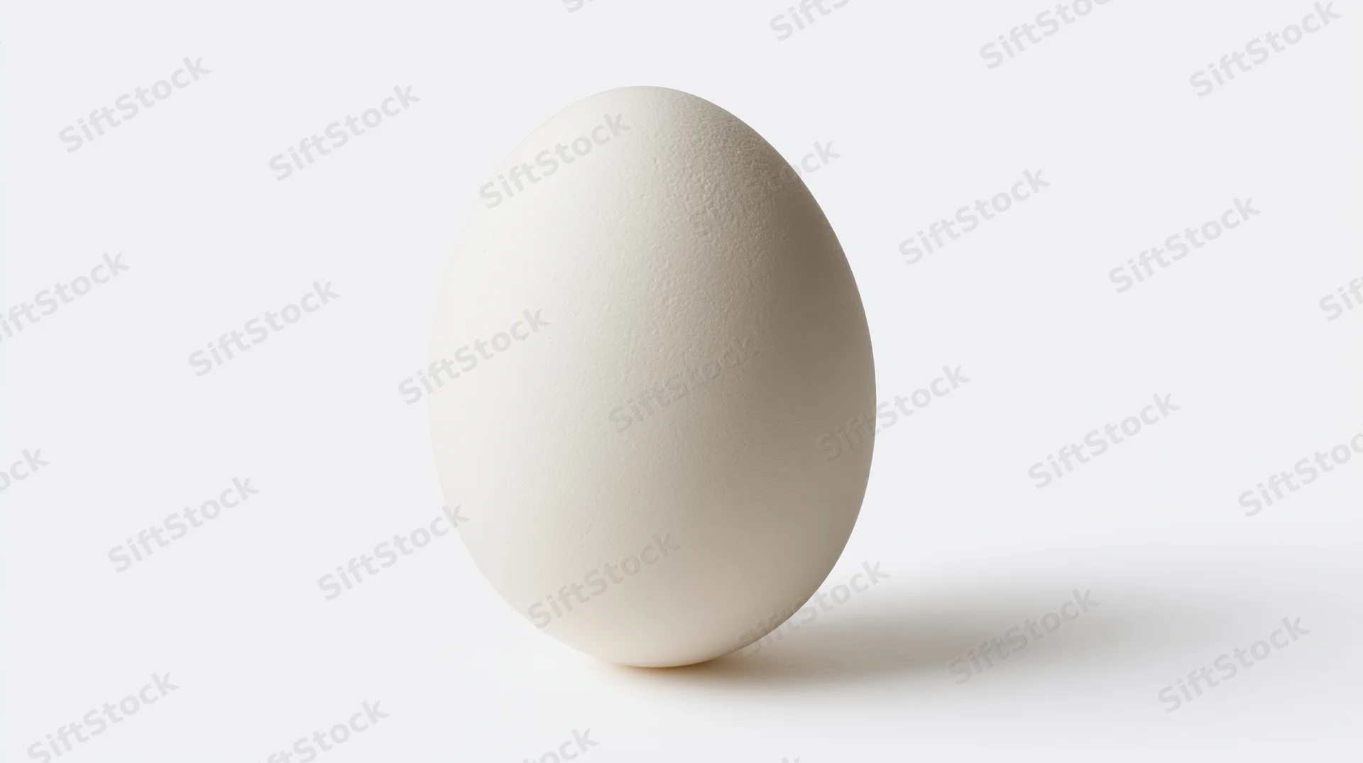Single white egg standing upright on a plain white surface