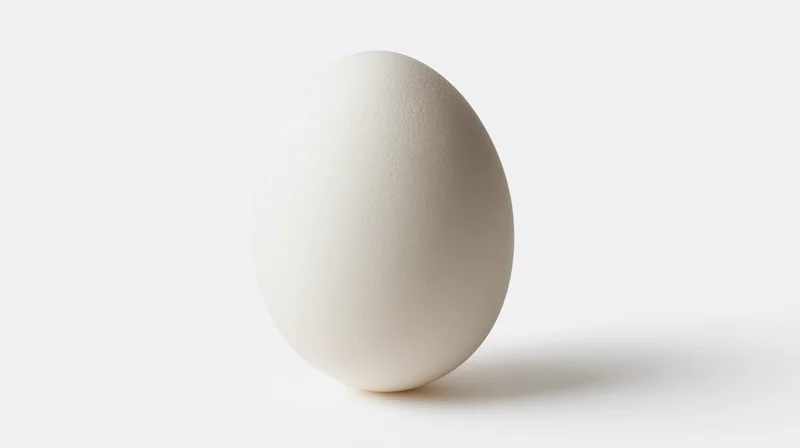 Single white egg standing upright on a plain white surface