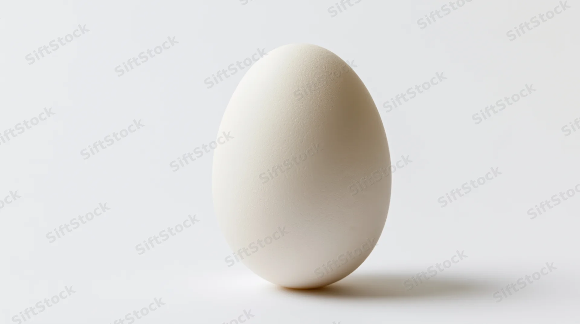 Single white egg standing upright on plain white surface
