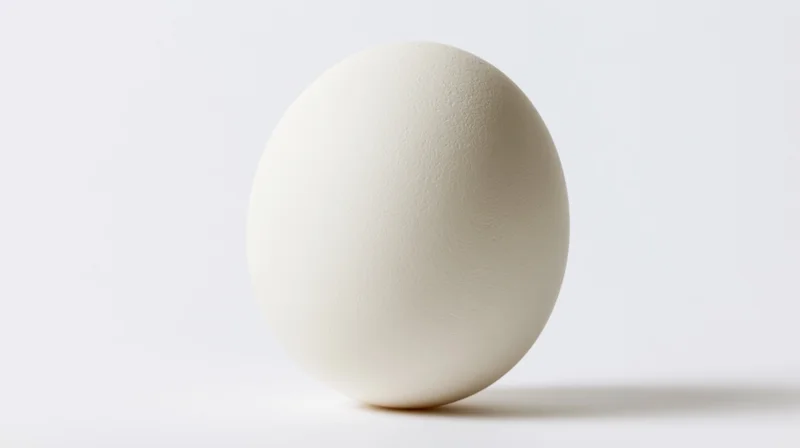 Single white egg standing upright on a plain white surface