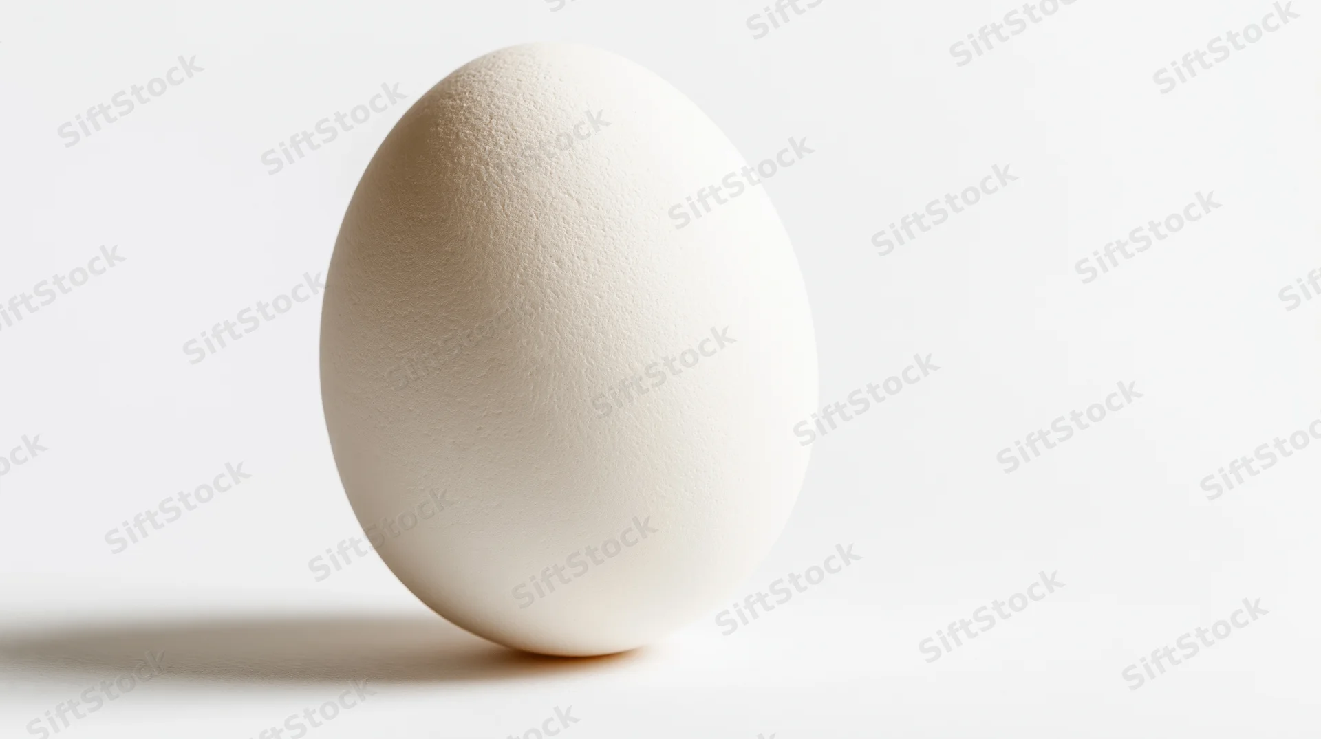 Single white egg standing upright on a plain white surface