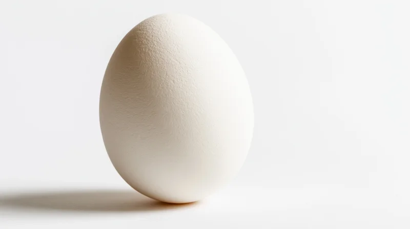 Single white egg standing upright on a plain white surface