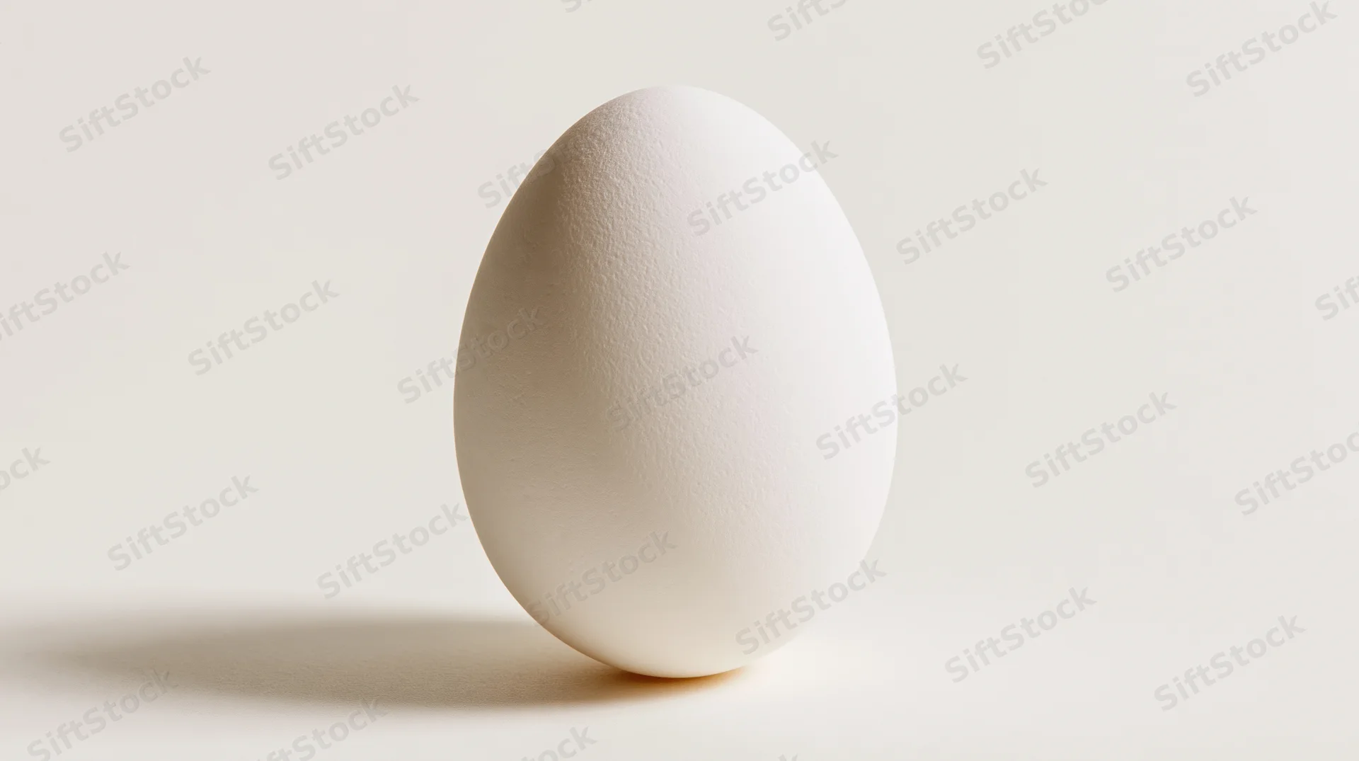 Single white egg standing upright on a pale off-white surface