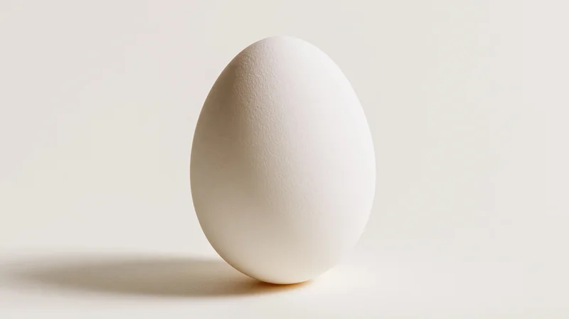 Single white egg standing upright on a pale off-white surface