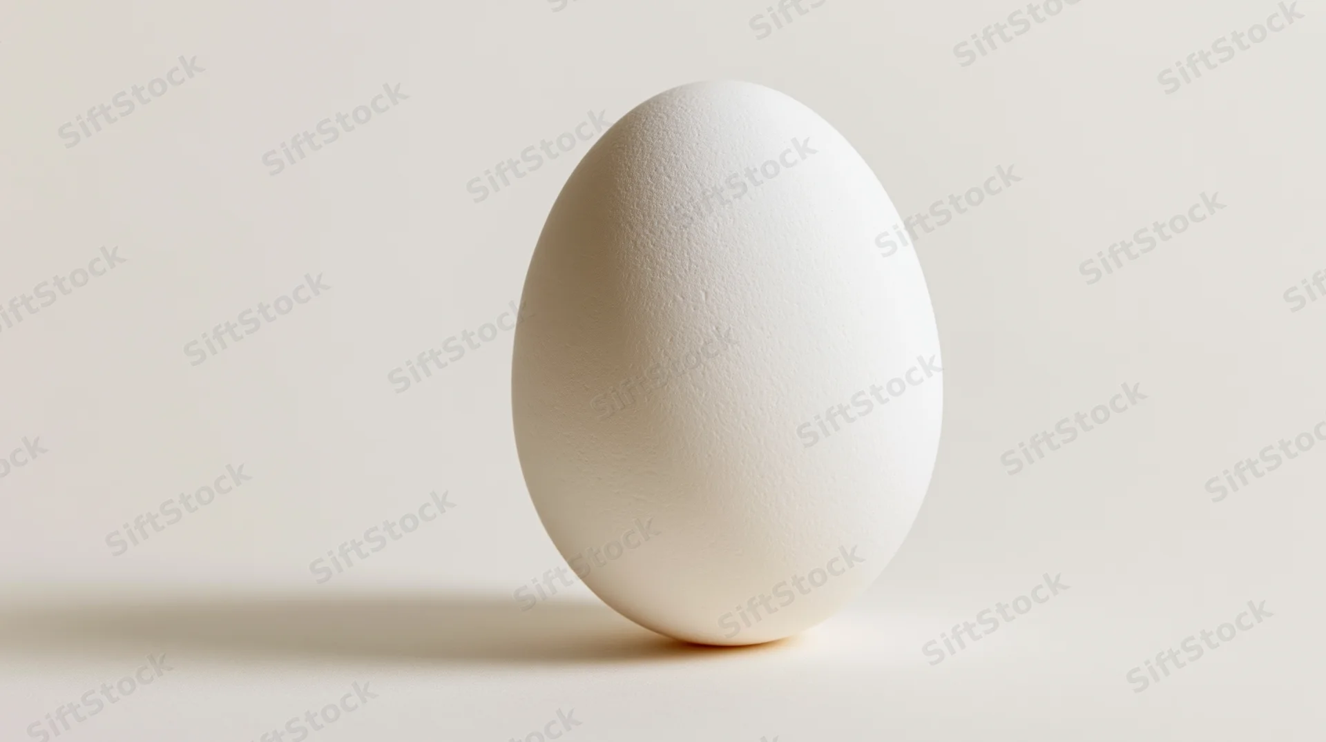 Single white egg standing upright on a pale off-white surface