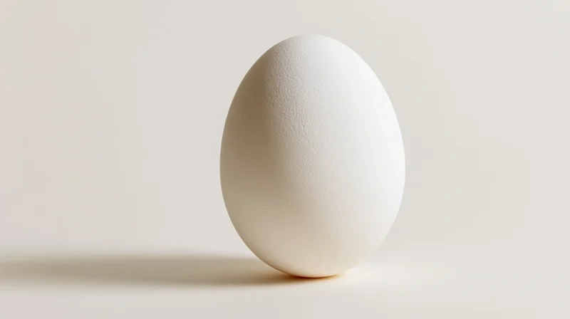 Single white egg standing upright on a pale off-white surface