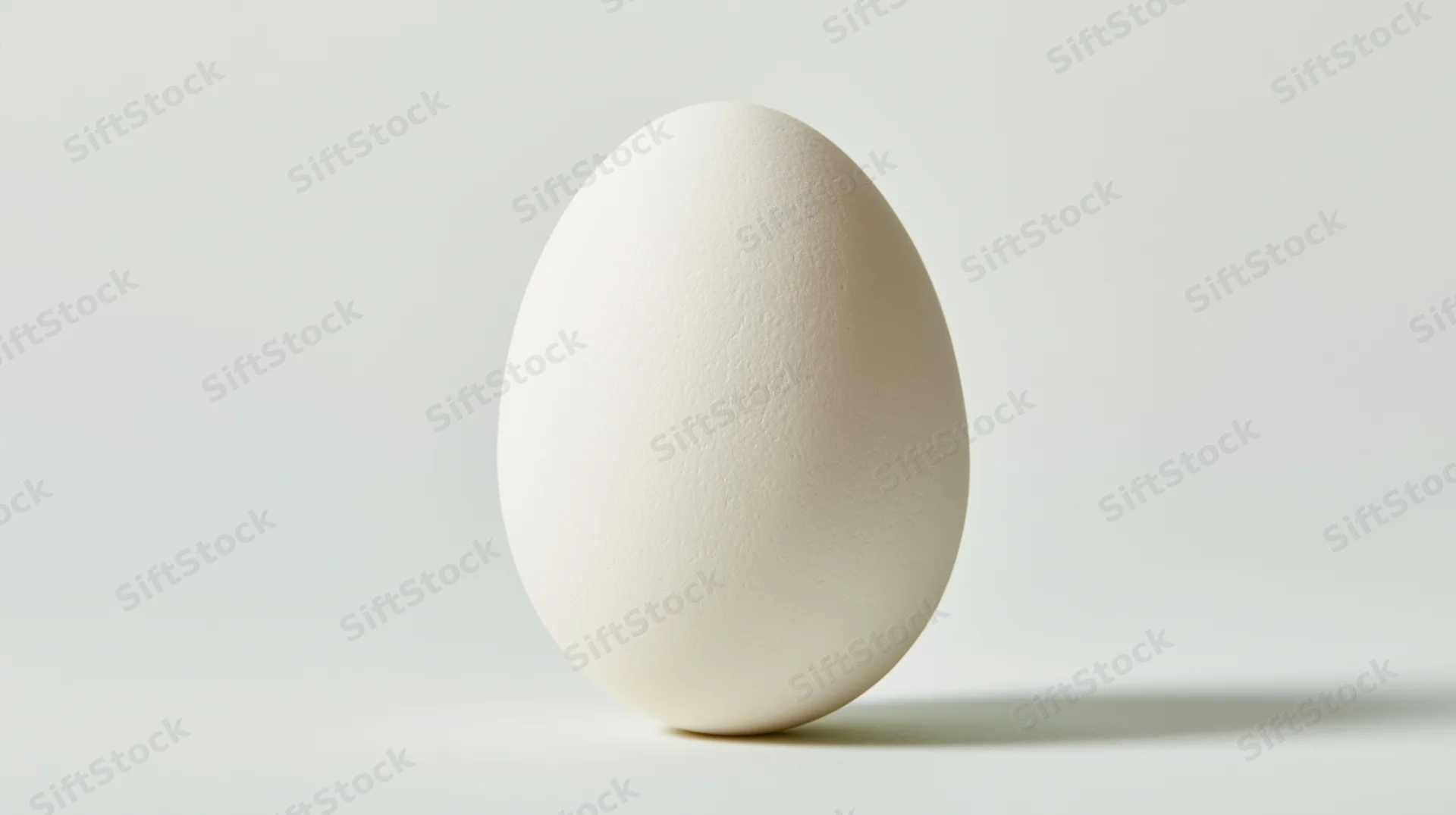 Single white chicken egg standing upright on a pale off-white surface