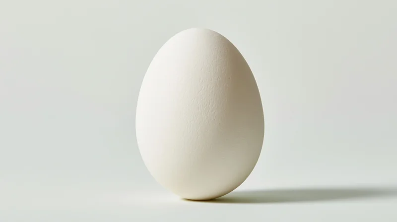 Single white chicken egg standing upright on a pale off-white surface